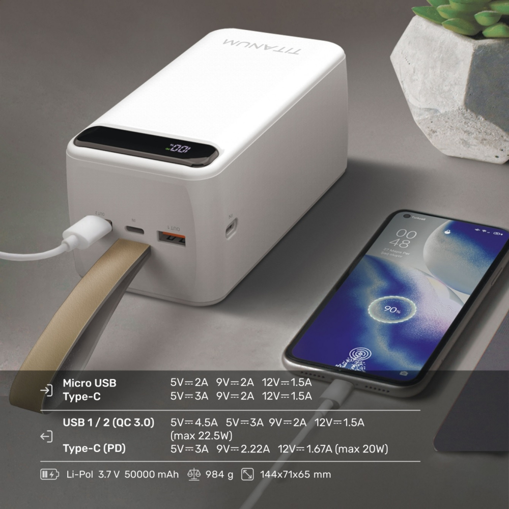 Зовнішній акумулятор TITANUM TPB-741S-W 50000 mAh White - фото 5.