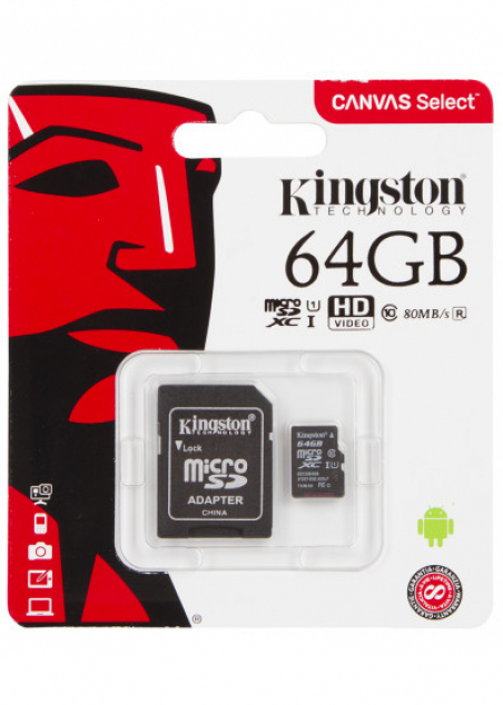 Карта памяти Kingston microSDXC 64GB C10 UHS-I + SD адаптер (SDCS/64GB)