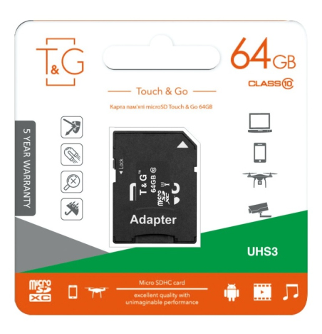 Карта пам'яті T&G 64GB microSDHC Class 10 UHS-I U3 + SD Adapter