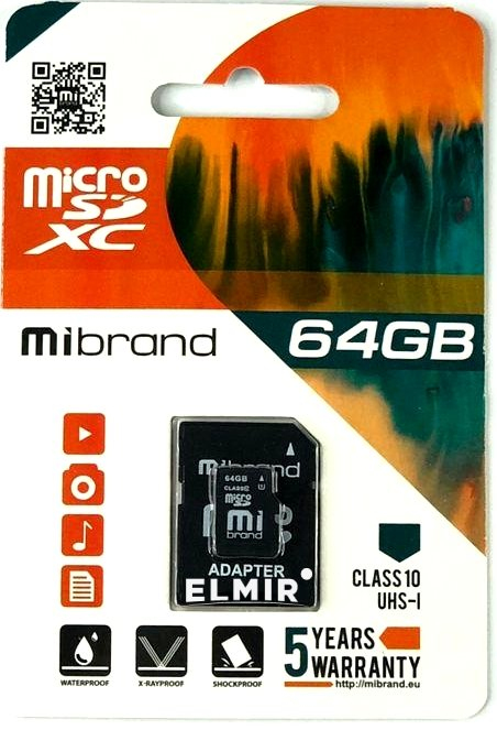 Карта памяти Mibrand 64 GB microSDXC Class 10 UHS-I + SD Adapter MICDXU1/64GB-A