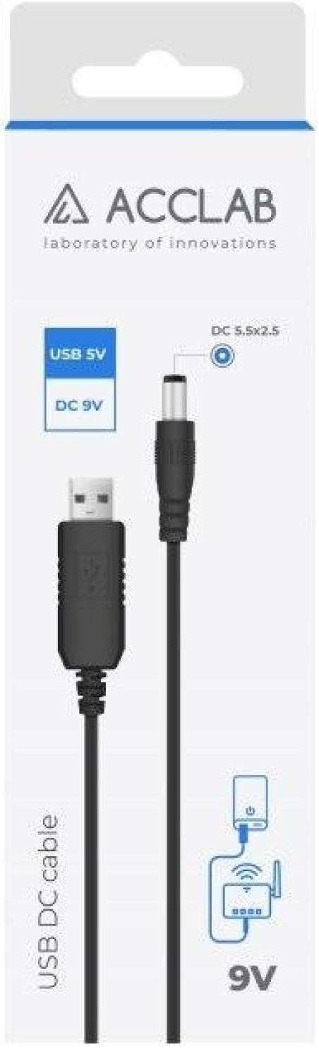 Кабель живлення ACCLAB USB to DC 5.5x2.5mm 9V 1A Black