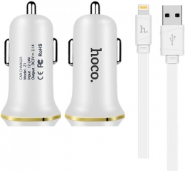 Зарядное устройство HOCO Z1 Dual USB Car Charger with iPhone Cable White