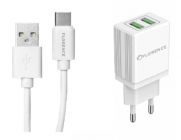 Зарядний пристрій Florence 2USB 2A + Type-C cable white (FL-1021-WT)